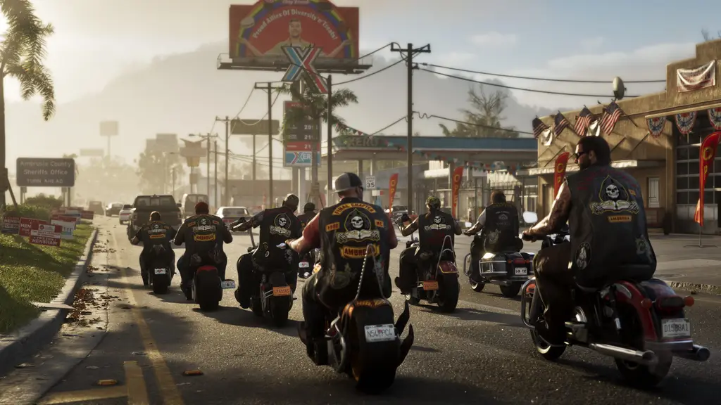 A motorcycle group riding down a roadside strip in Ambrosia