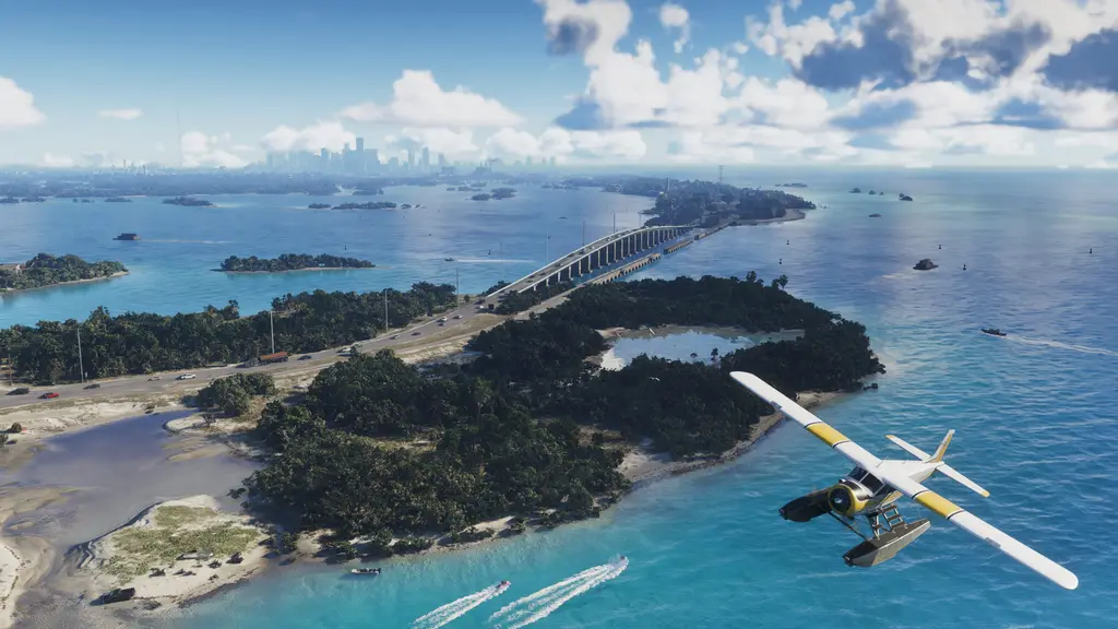 Seaplane over turquoise water and islands in the Leonida Keys